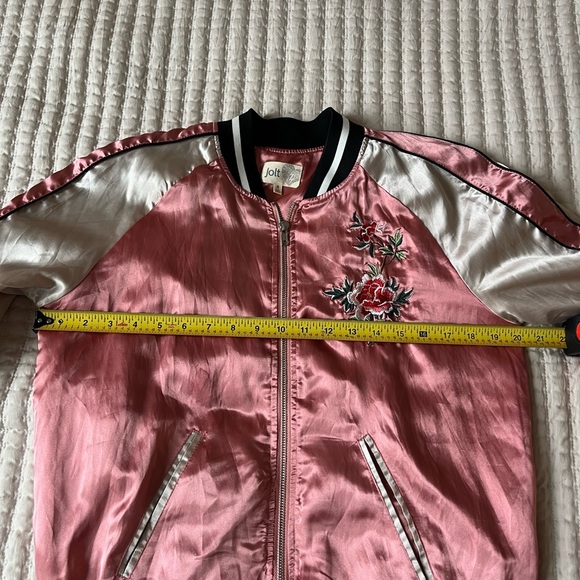 Pink Silk Flowered Embroidered Bomber Jacket - Picture 5 of 7